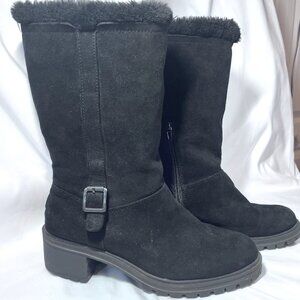 Kelly & Katie KK Katiyana-Women"s Black Moto/Combat 2" Heel Boots-Faux Fur-9 1/2